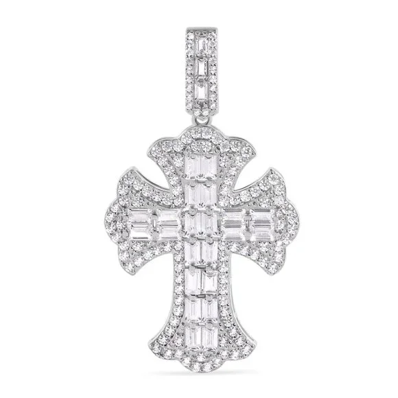 Silver 925 Rhodium Plated Fleur De Lis Cross Baguette Cut Clear CZ Pendant - Picture 9 of 9